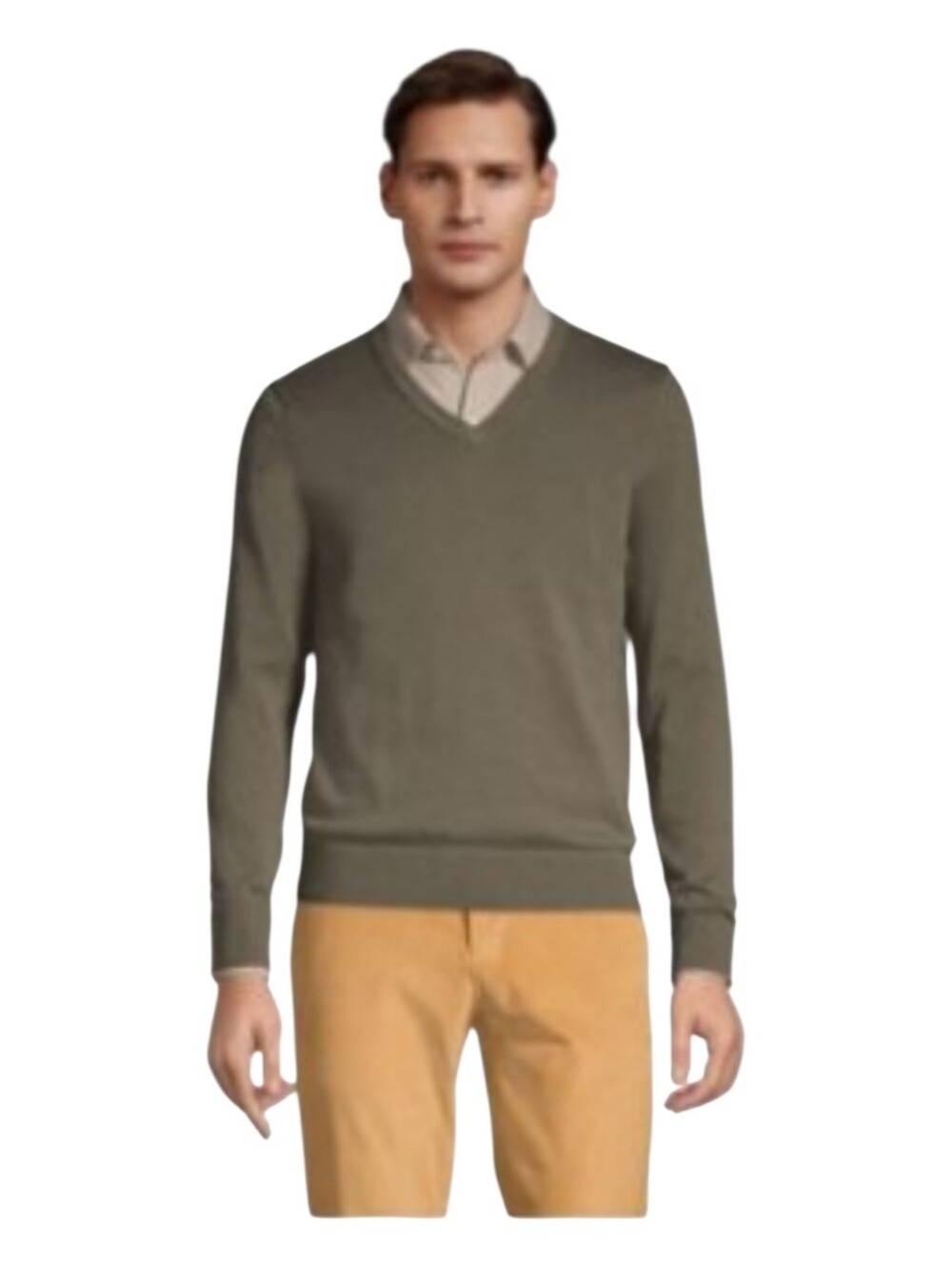 Lands End Mens Olive Green Fine Gauge Supima Cotton V Neck Sweater XL